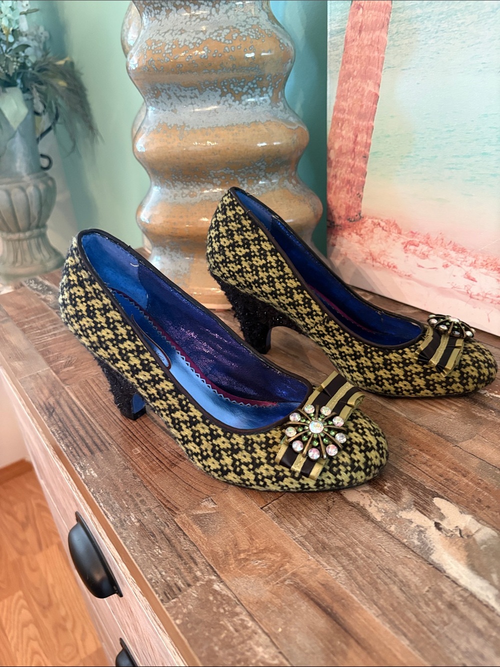 Poetic License Yellow-Green Patterned Mid Heel Pumps with Decorative Buckle